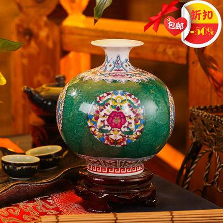 景德镇陶瓷器 仿古珐琅彩瓷石榴瓶花瓶 古玩工艺品家居摆设 包邮